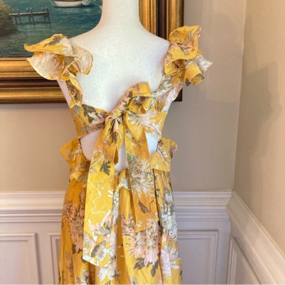 H&M Yellow Floral Ruffle Plunge Open Back Lyocell Midi Dress - Picture 8 of 15